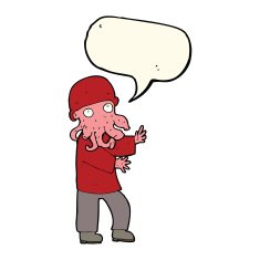 cartoon alien man with speech bubble N8
