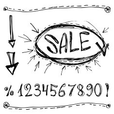 Sale numbers percentages arrows Sketched on a white backgrou