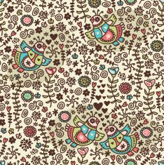 Seamless pattern with romantic birds in folk style