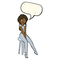 cartoon pretty girl on stool with speech bubble N5