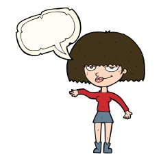 cartoon smug woman making dismissive gesture with speech bubble N7