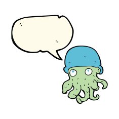 cartoon alien head wearing hat with speech bubble N7
