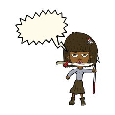 cartoon woman with knife and harpoon speech bubble N7