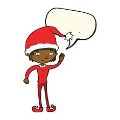 cartoon waving christmas elf with speech bubble N7