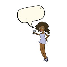 cartoon woman at party with speech bubble N16