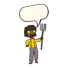 cartoon farmer with pitchfork speech bubble N7