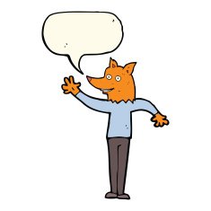 cartoon waving fox man with speech bubble N4