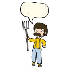 cartoon farmer with pitchfork speech bubble N8