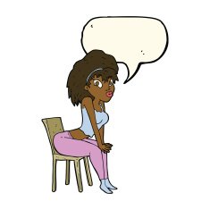 cartoon woman posing on chair with speech bubble N16