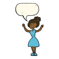 cartoon woman with raised arms speech bubble N7