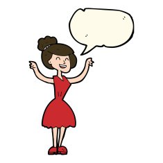 cartoon woman with raised arms speech bubble N8
