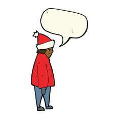 cartoon person in winter clothes with speech bubble N8
