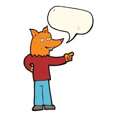 cartoon fox man pointing with speech bubble N8
