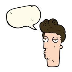 cartoon bored man's face with speech bubble N7