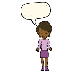 cartoon happy woman shrugging shoulders with speech bubble N16