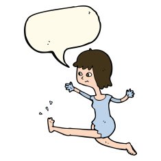 cartoon happy woman kicking with speech bubble N8