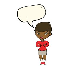cartoon woman gesturing at self with speech bubble N23