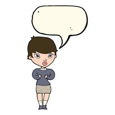 cartoon woman gesturing at self with speech bubble N24