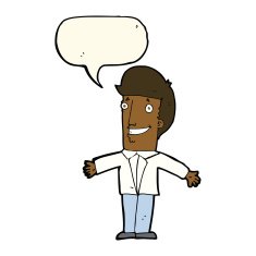 cartoon grining man with open arms speech bubble N8
