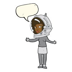 cartoon woman wearing astronaut helmet with speech bubble N7