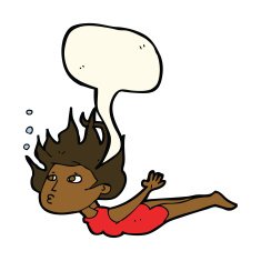 cartoon woman swimming underwater with speech bubble N8