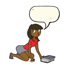 cartoon girl picking up book with speech bubble N7