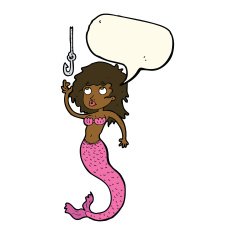cartoon mermaid and fish hook with speech bubble N7
