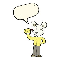 cartoon mouse holding cheese with speech bubble N7