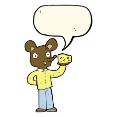 cartoon mouse holding cheese with speech bubble N8