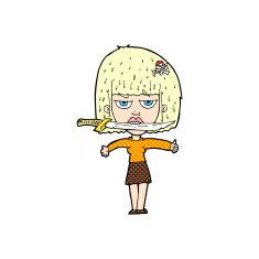 comic cartoon woman with knife between teeth