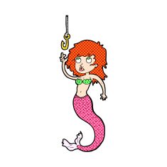 comic cartoon mermaid and fish hook