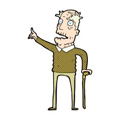 comic cartoon old man with walking stick