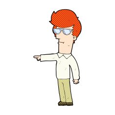 comic cartoon man in glasses pointing