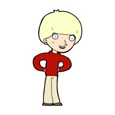 comic cartoon happy boy with hands on hips