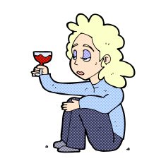 comic cartoon unhappy woman with glass of wine