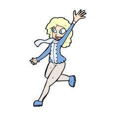 comic cartoon woman waving dressed for winter