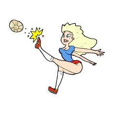 comic cartoon female soccer player kicking ball