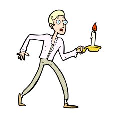 comic cartoon frightened man walking with candlestick
