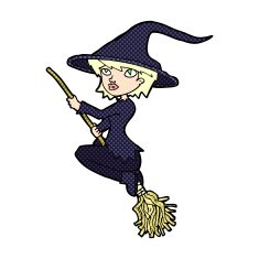 comic cartoon witch riding broomstick