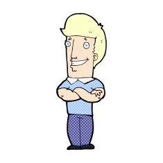 comic cartoon man with folded arms grinning
