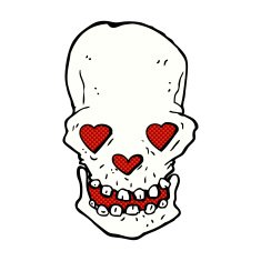 comic cartoon skull with love heart eyes