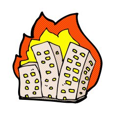 comic cartoon burning buildings