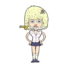 comic cartoon woman with knife between teeth N3
