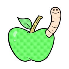 comic cartoon apple with worm