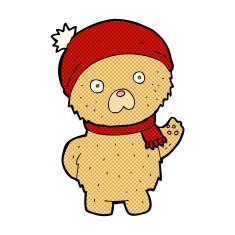 comic cartoon teddy bear in winter hat and scarf