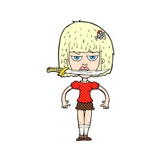 comic cartoon woman with knife between teeth N4