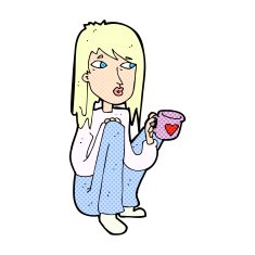 comic cartoon woman sitting with cup of coffee