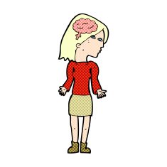comic cartoon clever woman shrugging shoulders