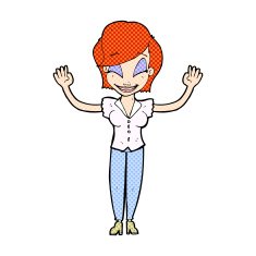 comic cartoon pretty woman with hands in air