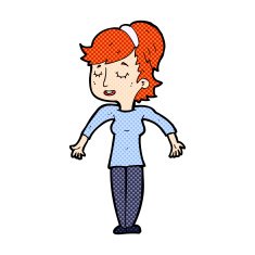 comic cartoon friendly woman shrugging shoulders